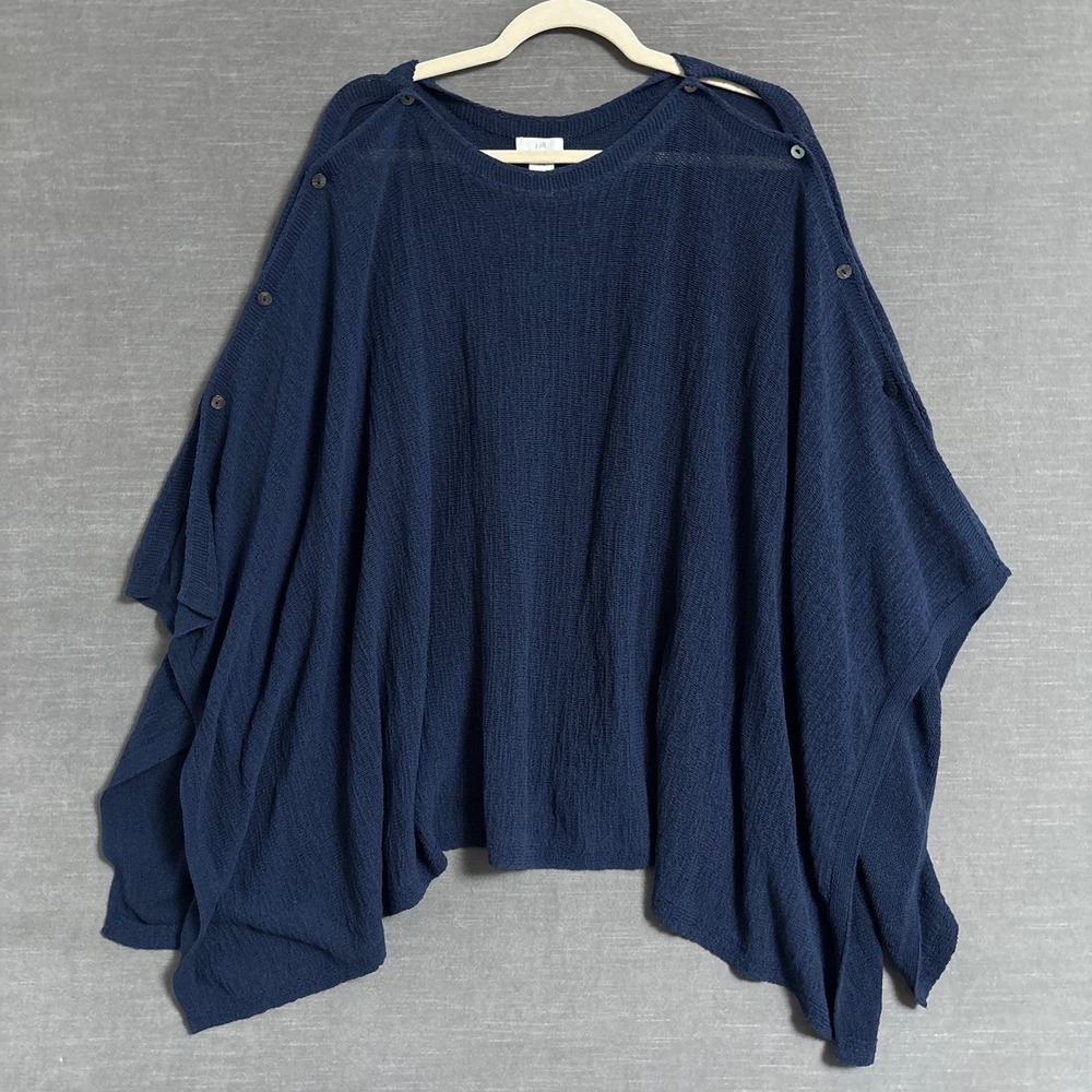 J‎ Jill Poncho One Size Navy Blue Cotton Open Knit Button Shoulder Lagenlook